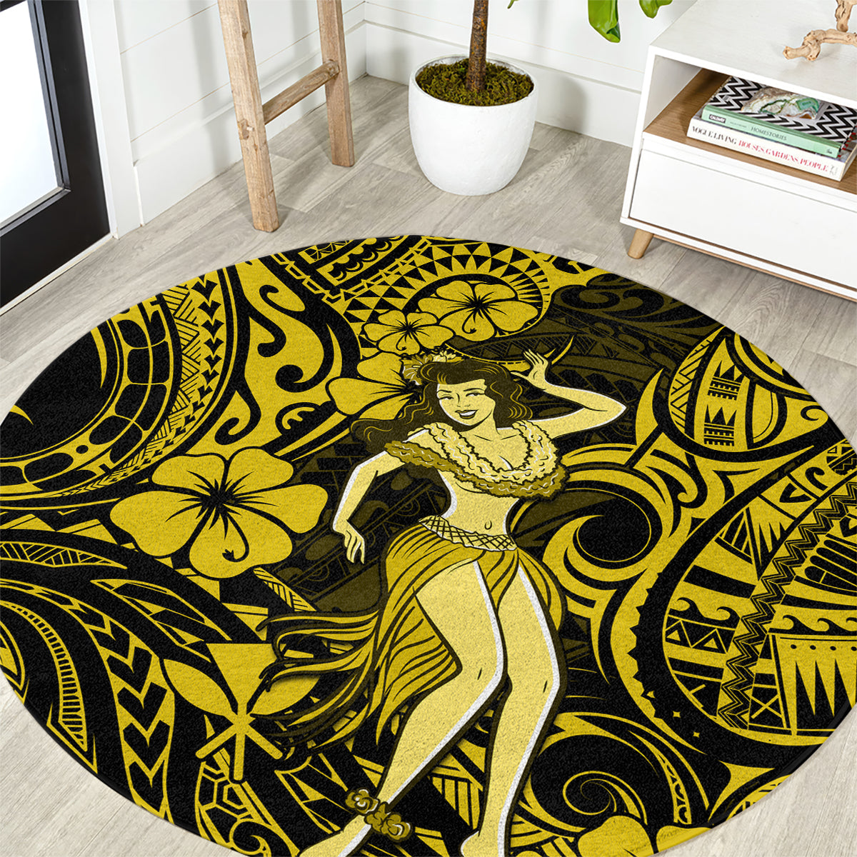Hawaii Hula Girl Round Carpet Hibiscus Hawaii Tribal Tattoo Yellow Version LT01 Yellow - Polynesian Pride