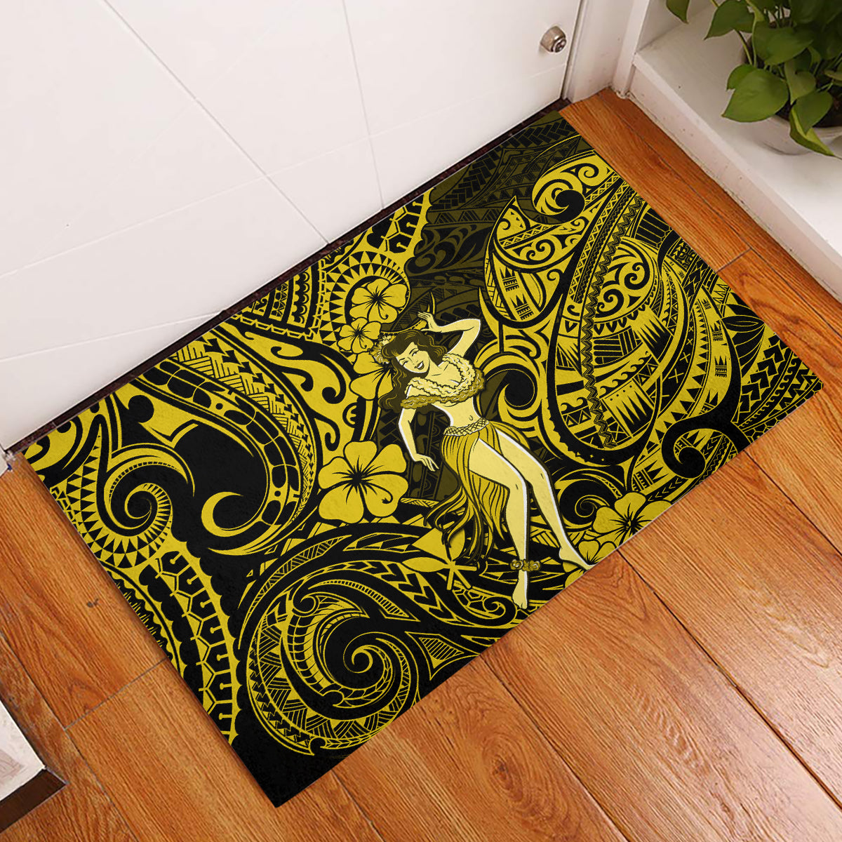 Hawaii Hula Girl Rubber Doormat Hibiscus Hawaii Tribal Tattoo Yellow Version LT01 Yellow - Polynesian Pride