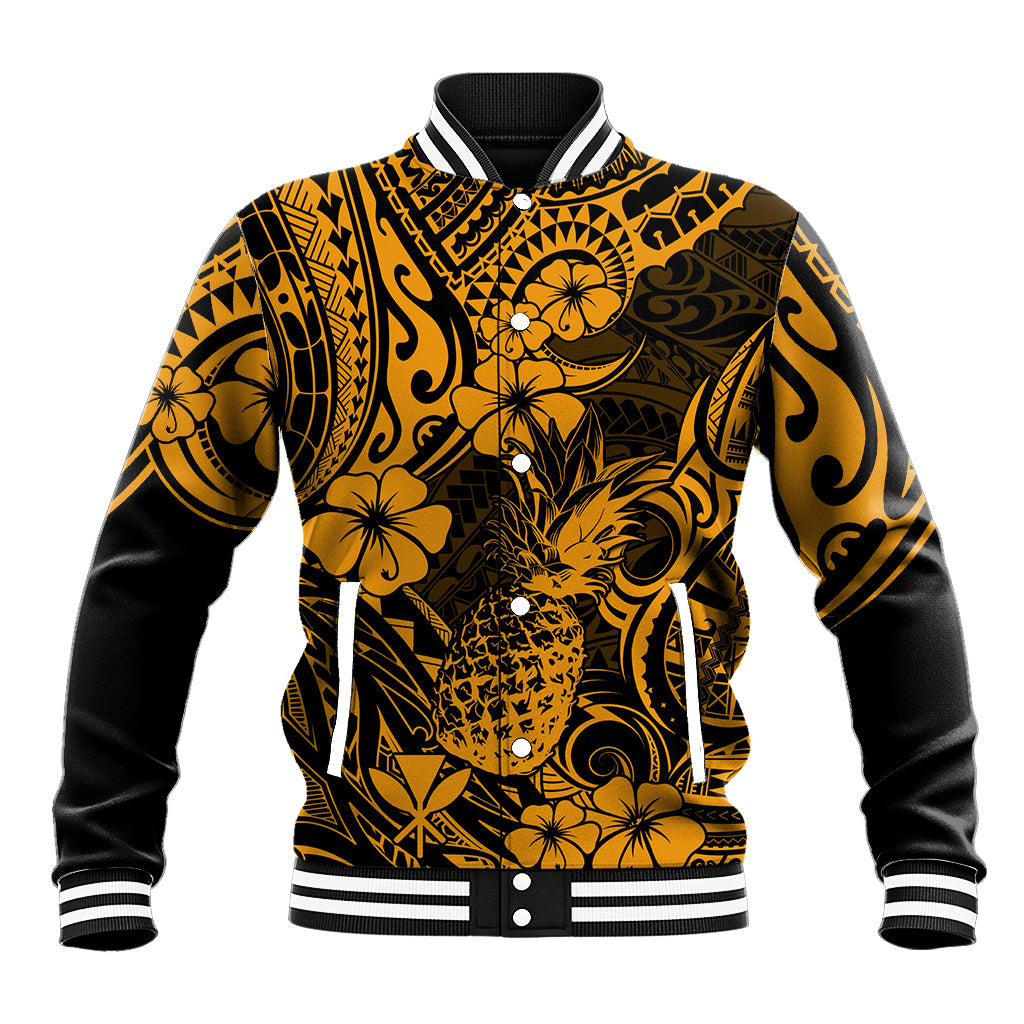 Hawaii Pineapple Baseball Jacket Paradise Flowers Pacific With Gold Polynesian Tribal LT01 Unisex Gold - Polynesian Pride