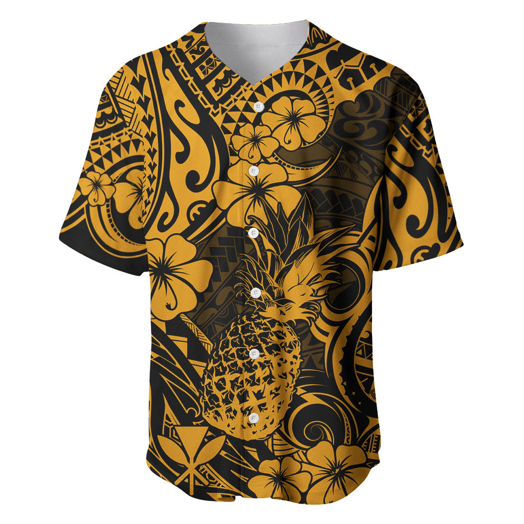 Hawaii Pineapple Baseball Jersey Paradise Flowers Pacific With Gold Polynesian Tribal LT01 Gold - Polynesian Pride