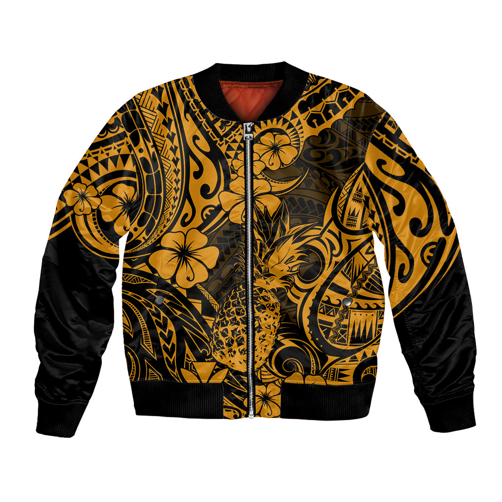 Hawaii Pineapple Bomber Jacket Paradise Flowers Pacific With Gold Polynesian Tribal LT01 Unisex Gold - Polynesian Pride