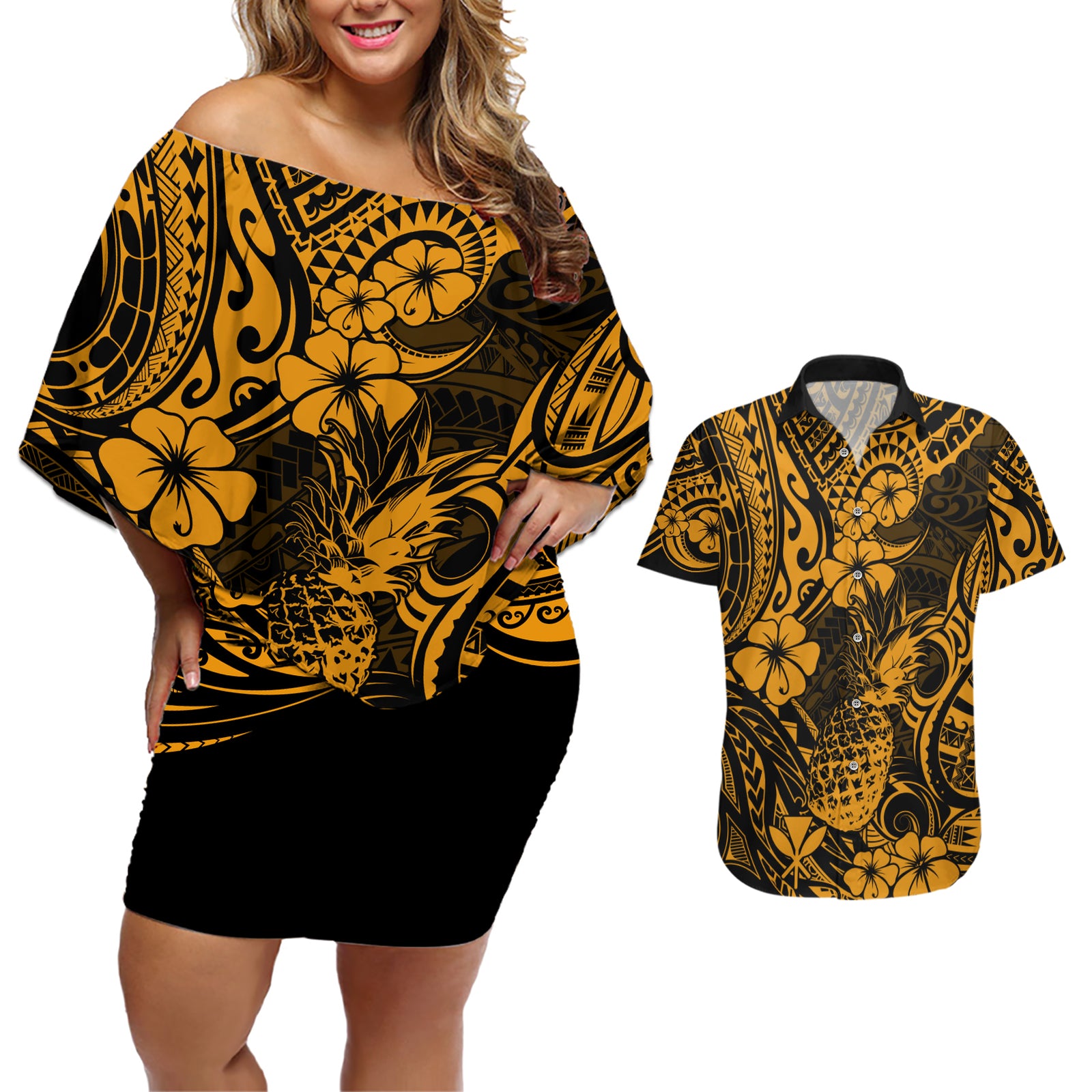 Hawaii Pineapple Couples Matching Off Shoulder Short Dress and Hawaiian Shirt Paradise Flowers Pacific With Gold Polynesian Tribal LT01 Gold - Polynesian Pride