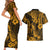 Hawaii Pineapple Couples Matching Short Sleeve Bodycon Dress and Hawaiian Shirt Paradise Flowers Pacific With Gold Polynesian Tribal LT01 - Polynesian Pride