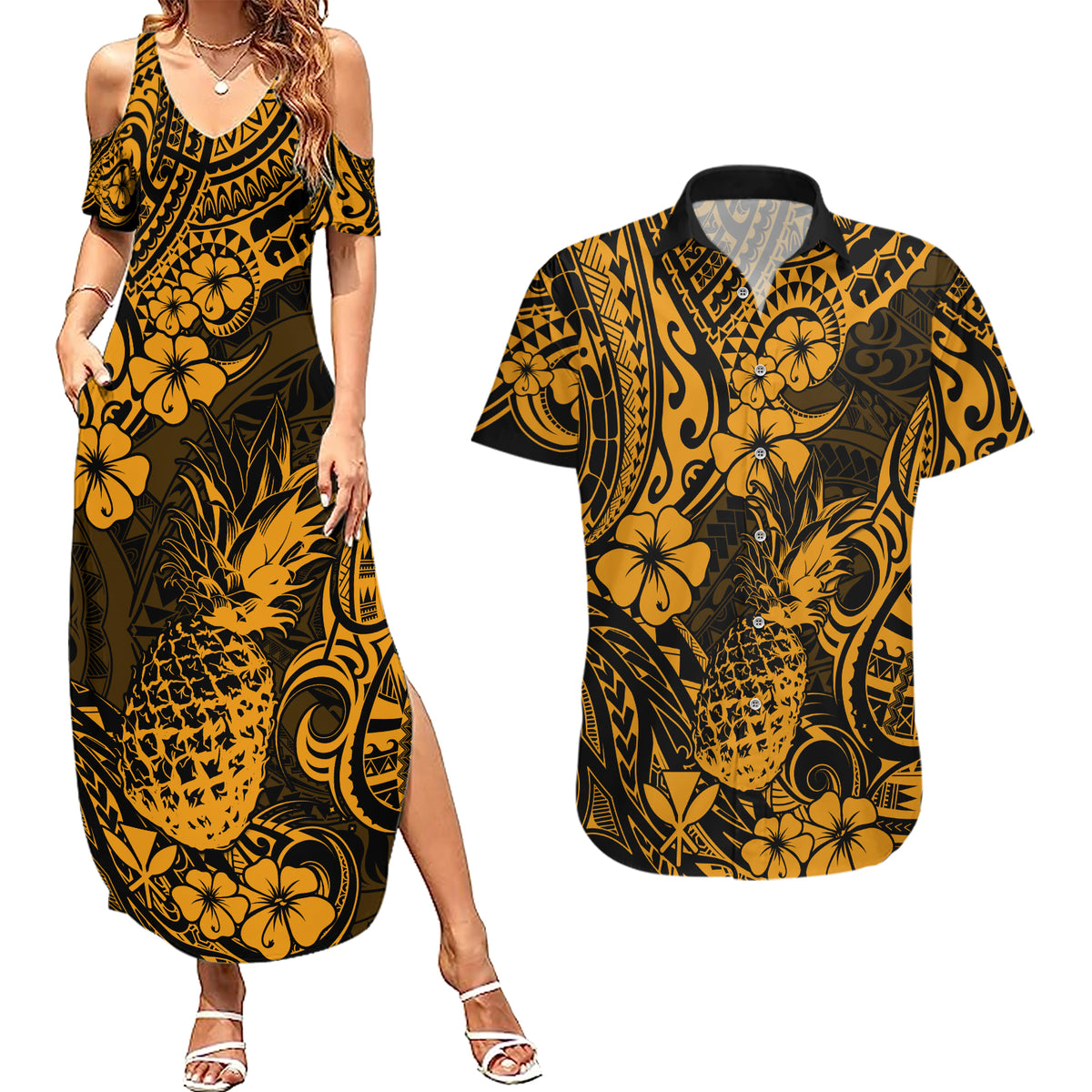 Hawaii Pineapple Couples Matching Summer Maxi Dress and Hawaiian Shirt Paradise Flowers Pacific With Gold Polynesian Tribal LT01 Gold - Polynesian Pride