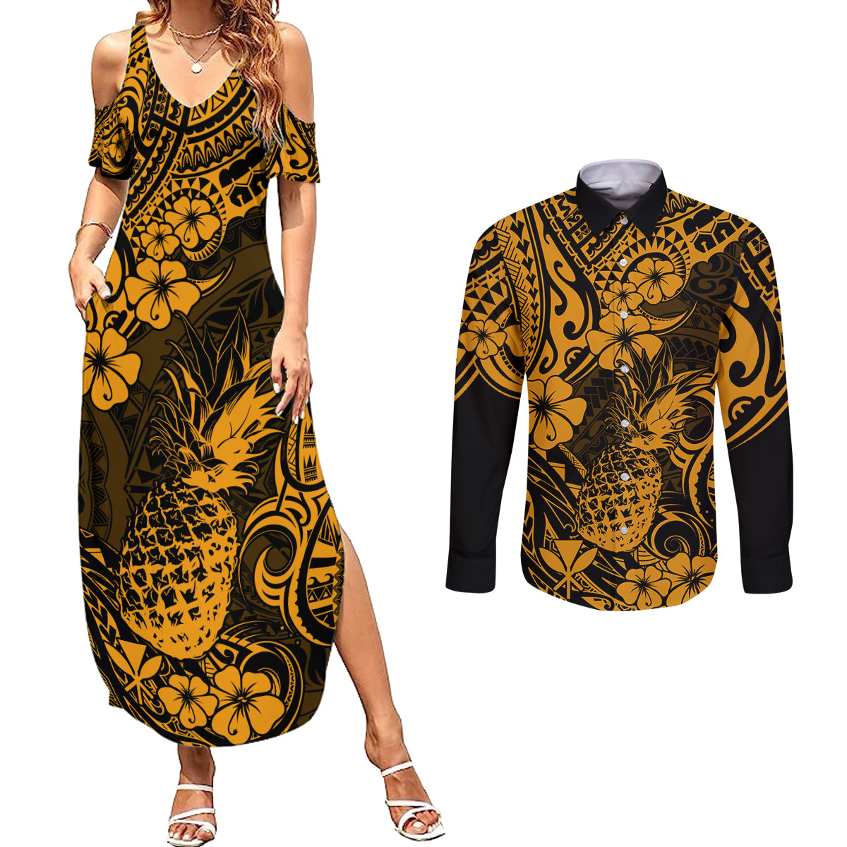Hawaii Pineapple Couples Matching Summer Maxi Dress and Long Sleeve Button Shirts Paradise Flowers Pacific With Gold Polynesian Tribal LT01 Gold - Polynesian Pride