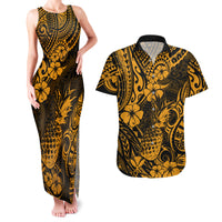 Hawaii Pineapple Couples Matching Tank Maxi Dress and Hawaiian Shirt Paradise Flowers Pacific With Gold Polynesian Tribal LT01 Gold - Polynesian Pride