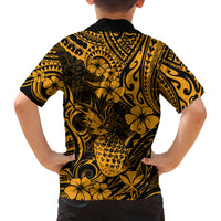 Hawaii Pineapple Family Matching Off Shoulder Long Sleeve Dress and Hawaiian Shirt Paradise Flowers Pacific With Gold Polynesian Tribal LT01 - Polynesian Pride