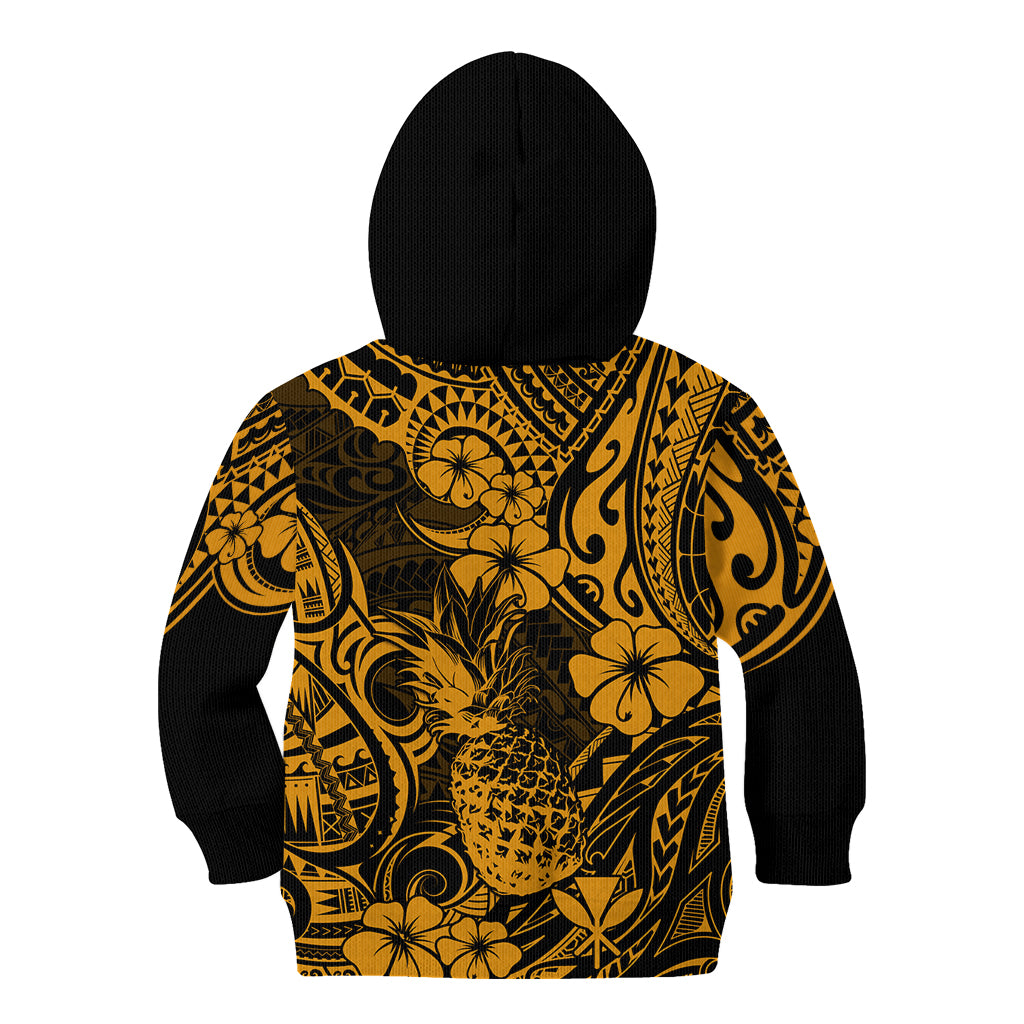 Hawaii Pineapple Kid Hoodie Paradise Flowers Pacific With Gold Polynesian Tribal LT01 - Polynesian Pride