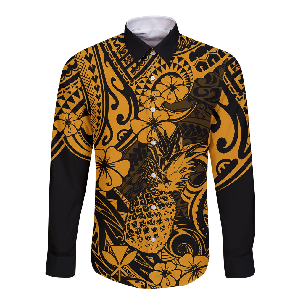 Hawaii Pineapple Long Sleeve Button Shirt Paradise Flowers Pacific With Gold Polynesian Tribal LT01 Unisex Gold - Polynesian Pride