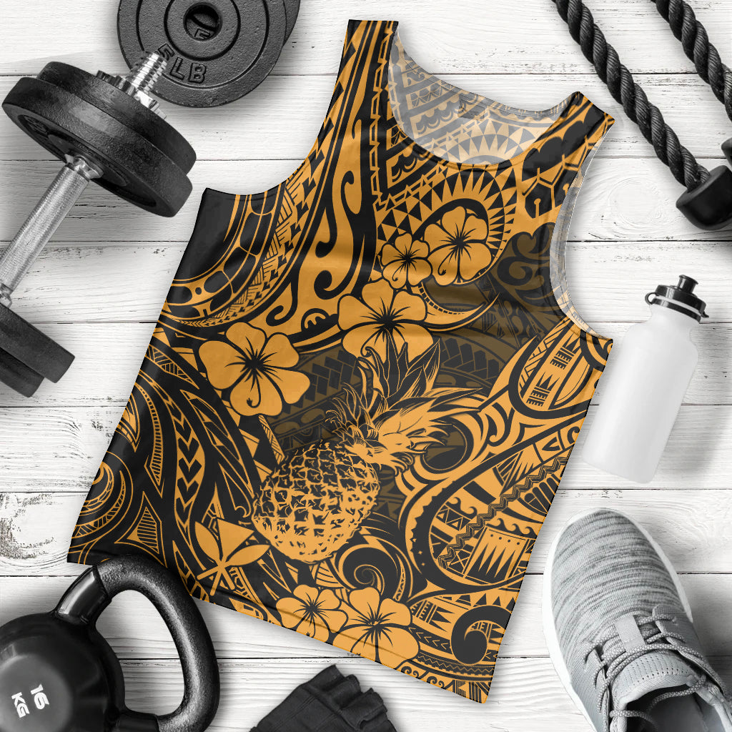 Hawaii Pineapple Men Tank Top Paradise Flowers Pacific With Gold Polynesian Tribal LT01 Gold - Polynesian Pride