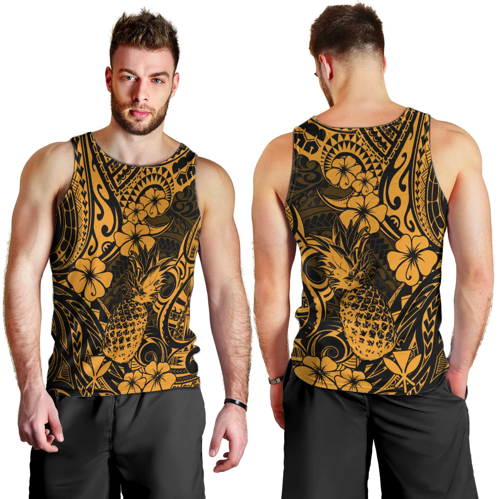 Hawaii Pineapple Men Tank Top Paradise Flowers Pacific With Gold Polynesian Tribal LT01 - Polynesian Pride