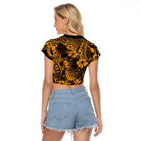Hawaii Pineapple Raglan Cropped T Shirt Paradise Flowers Pacific With Gold Polynesian Tribal LT01 - Polynesian Pride