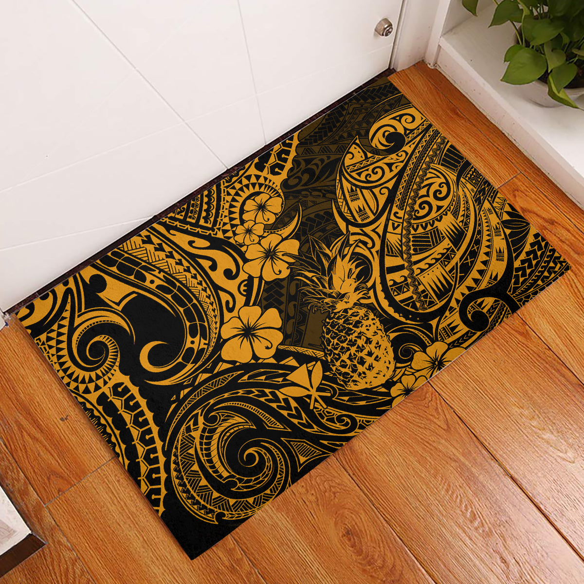 Hawaii Pineapple Rubber Doormat Paradise Flowers Pacific With Gold Polynesian Tribal LT01 Gold - Polynesian Pride