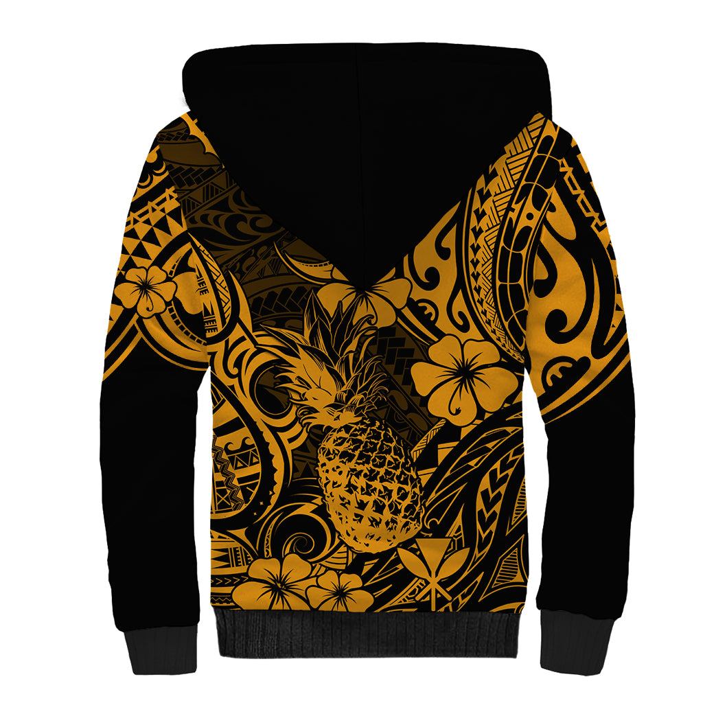 Hawaii Pineapple Sherpa Hoodie Paradise Flowers Pacific With Gold Polynesian Tribal LT01 - Polynesian Pride
