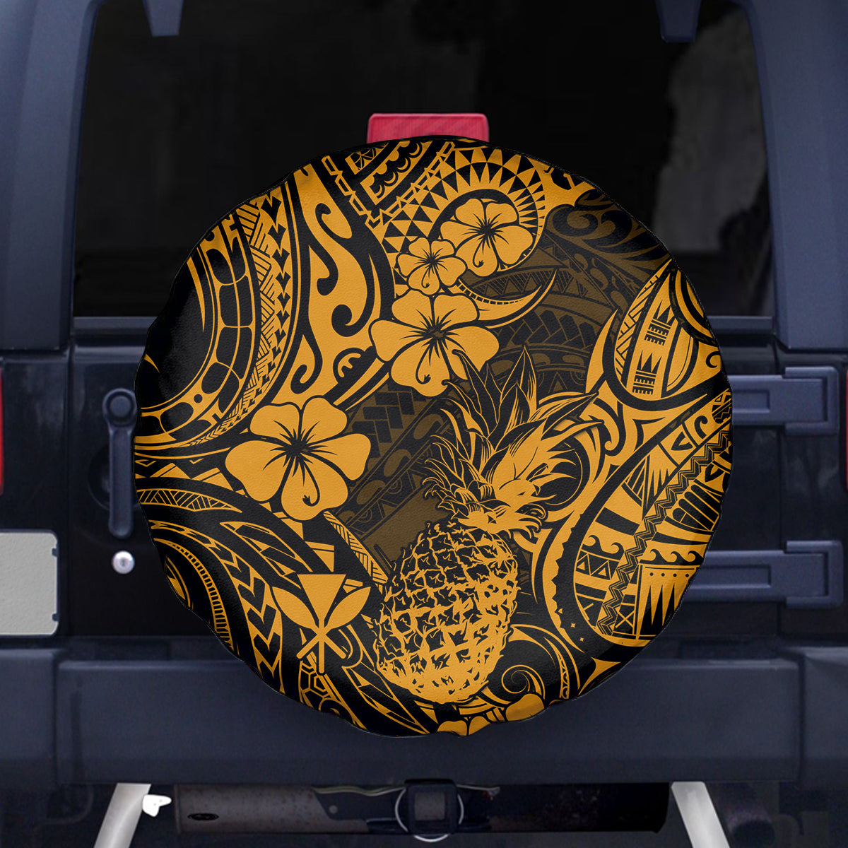 Hawaii Pineapple Spare Tire Cover Paradise Flowers Pacific With Gold Polynesian Tribal LT01 Gold - Polynesian Pride