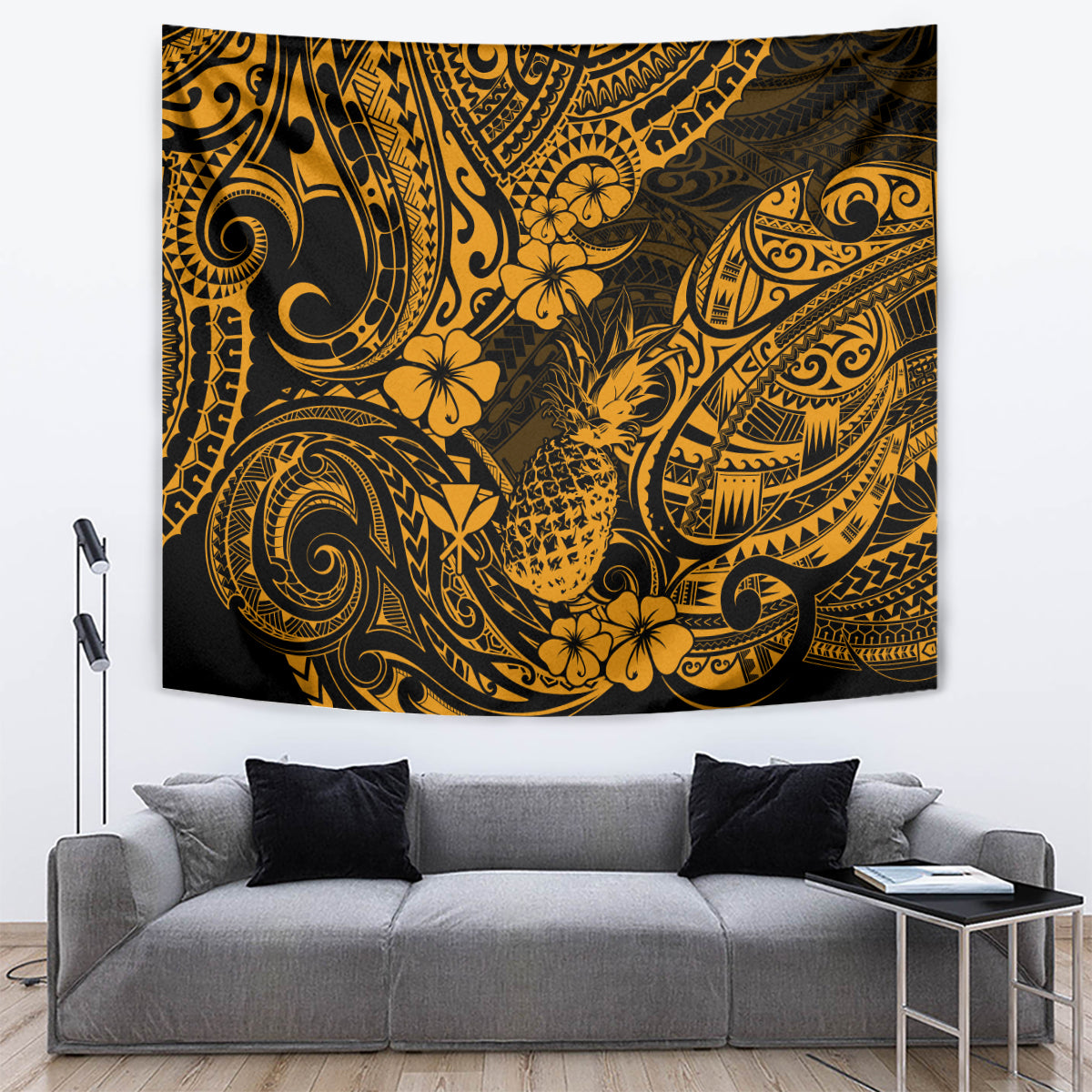 Hawaii Pineapple Tapestry Paradise Flowers Pacific With Gold Polynesian Tribal LT01 - Polynesian Pride
