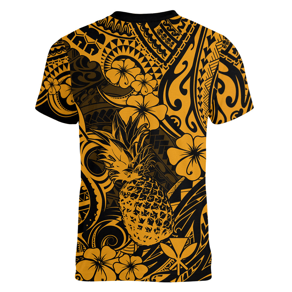 Hawaii Pineapple Women V Neck T Shirt Paradise Flowers Pacific With Gold Polynesian Tribal LT01 - Polynesian Pride