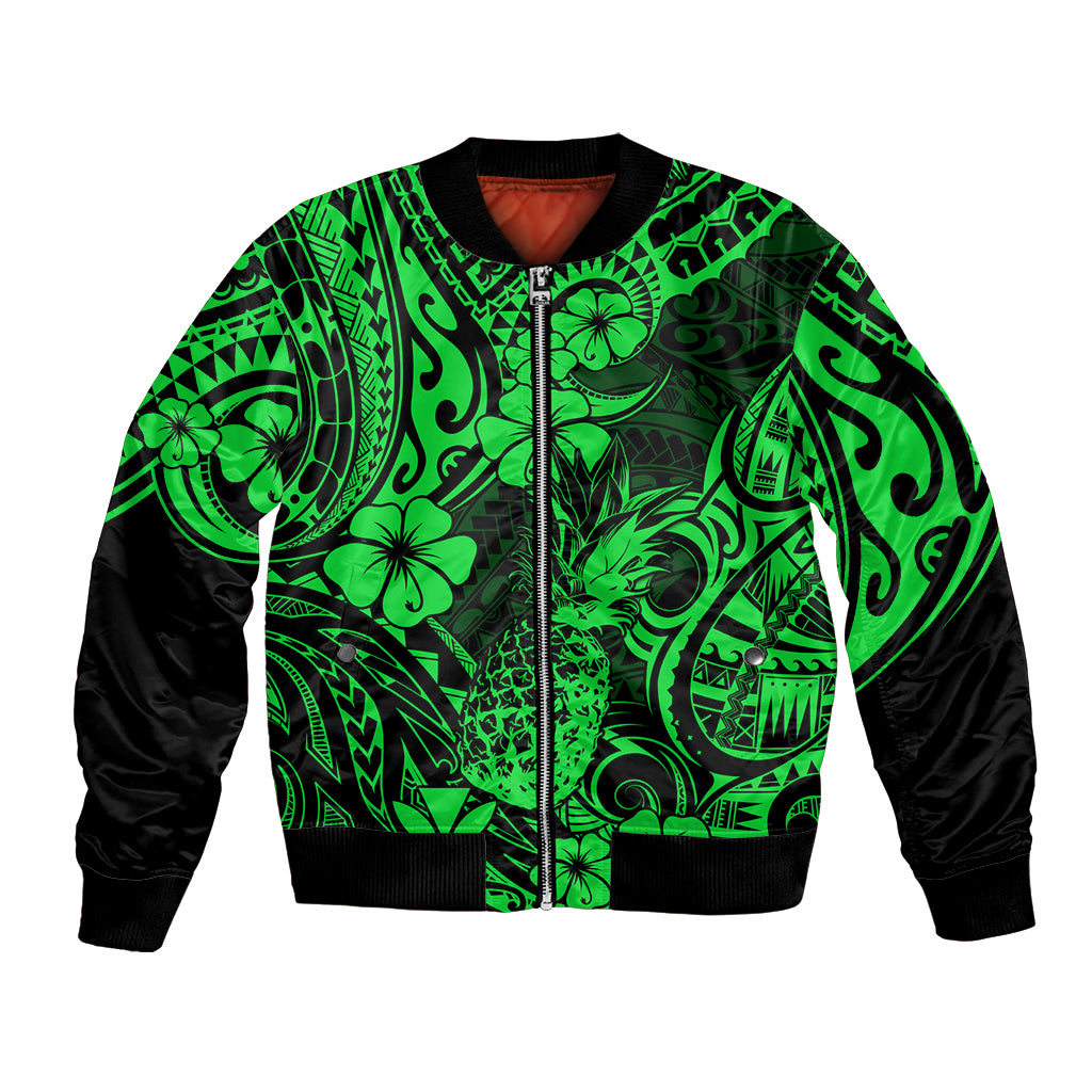Hawaii Pineapple Bomber Jacket Paradise Flowers Pacific With Green Polynesian Tribal LT01 Unisex Green - Polynesian Pride