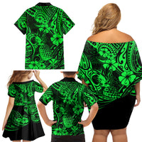 Hawaii Pineapple Family Matching Off Shoulder Short Dress and Hawaiian Shirt Paradise Flowers Pacific With Green Polynesian Tribal LT01 - Polynesian Pride