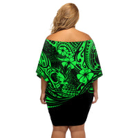 Hawaii Pineapple Family Matching Off Shoulder Short Dress and Hawaiian Shirt Paradise Flowers Pacific With Green Polynesian Tribal LT01 - Polynesian Pride