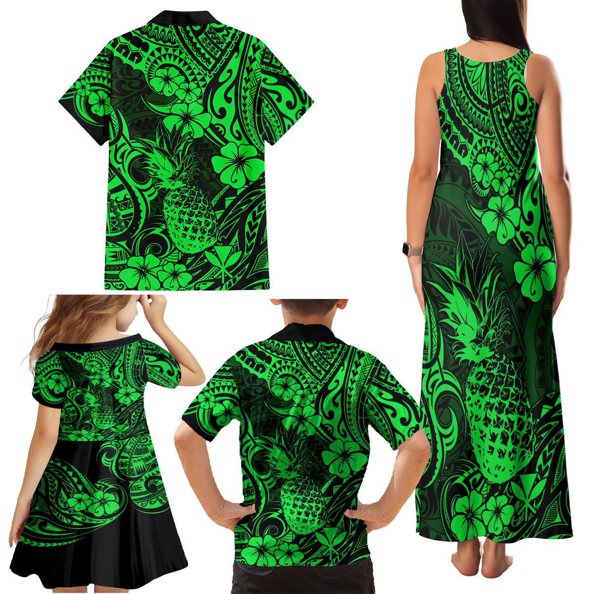 Hawaii Pineapple Family Matching Tank Maxi Dress and Hawaiian Shirt Paradise Flowers Pacific With Green Polynesian Tribal LT01 - Polynesian Pride