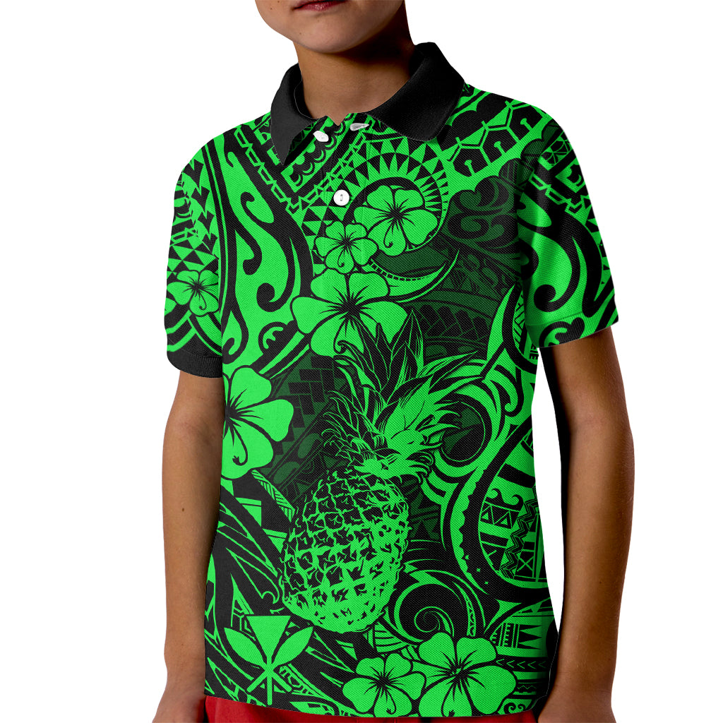Hawaii Pineapple Kid Polo Shirt Paradise Flowers Pacific With Green Polynesian Tribal LT01 Kid Green - Polynesian Pride