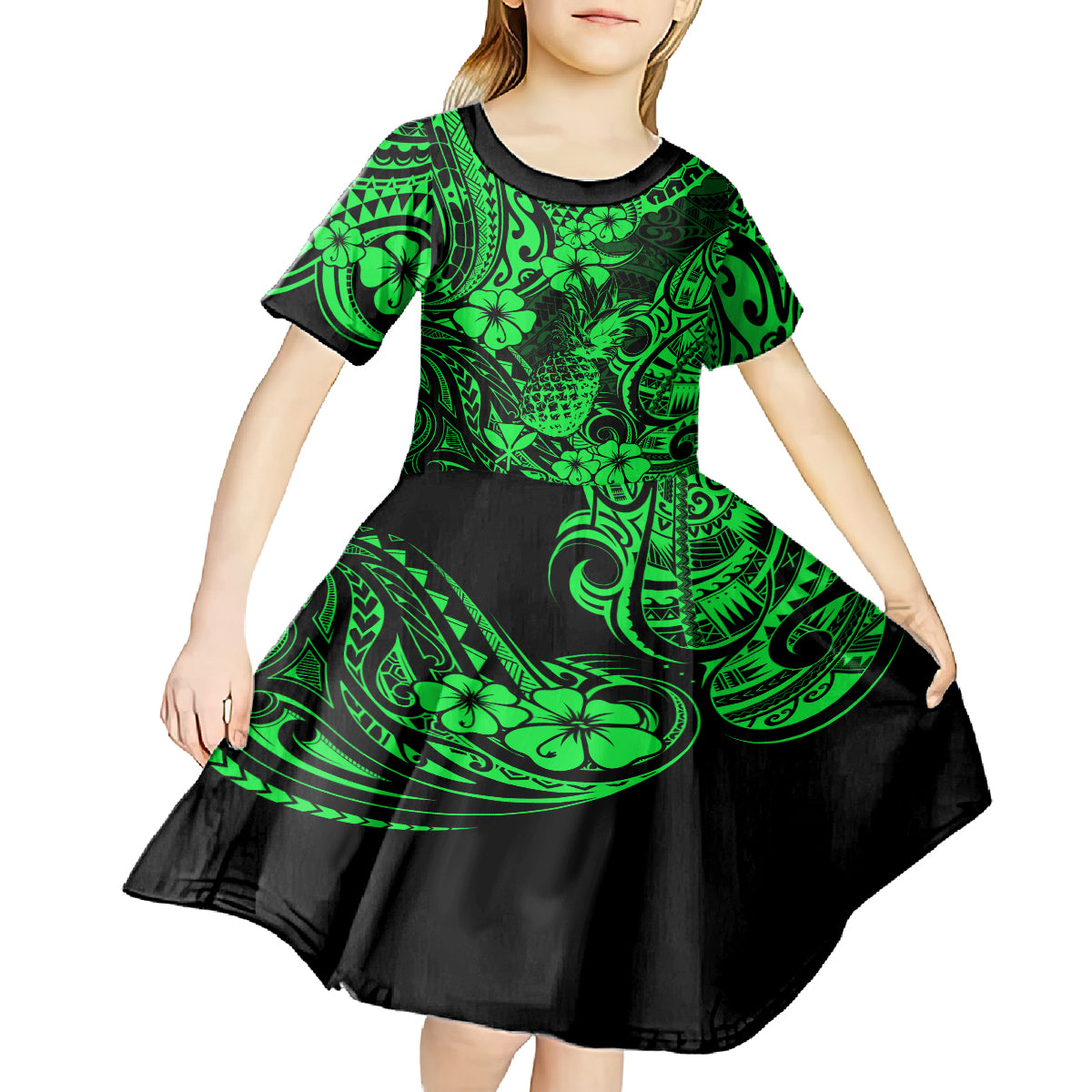Hawaii Pineapple Kid Short Sleeve Dress Paradise Flowers Pacific With Green Polynesian Tribal LT01 - Polynesian Pride