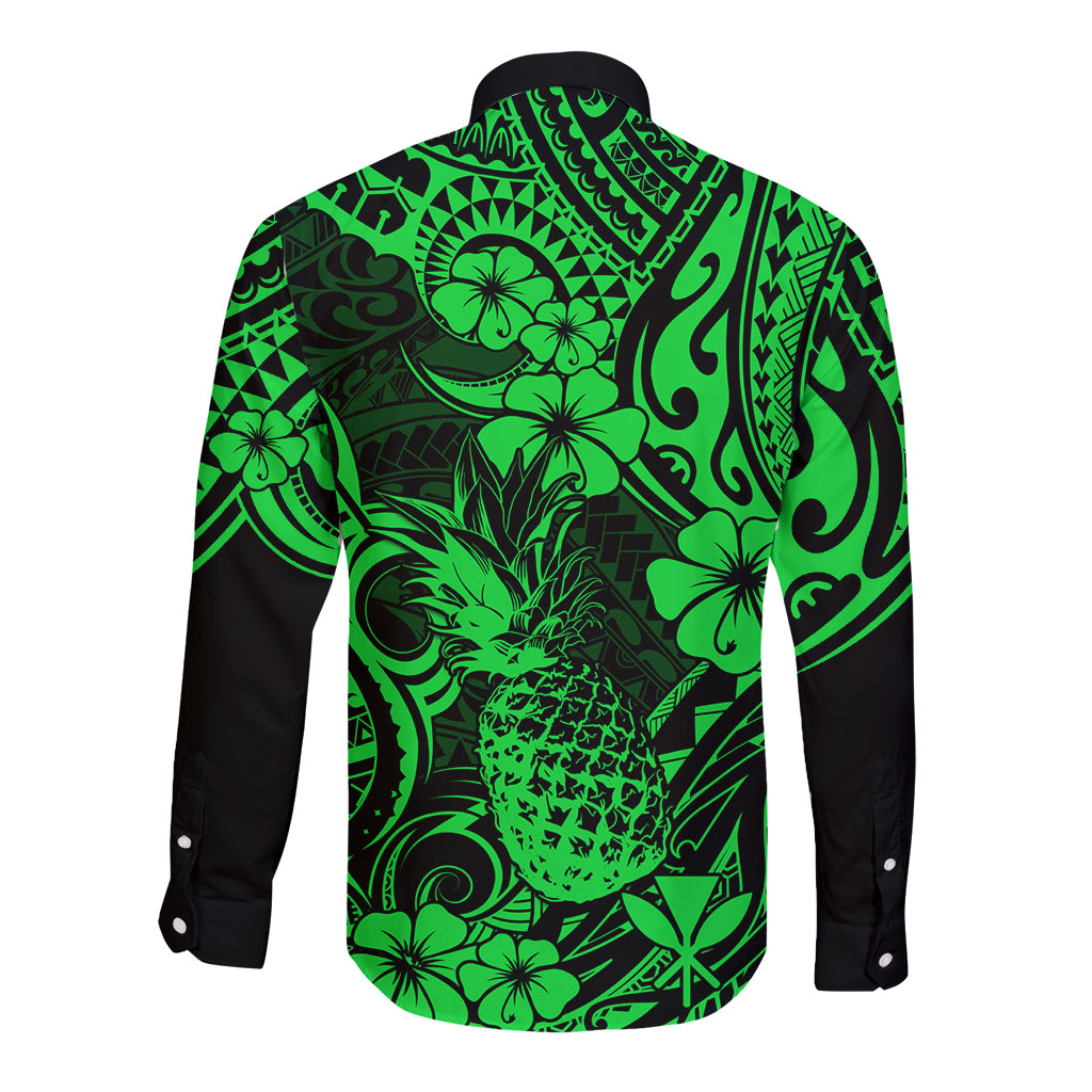 Hawaii Pineapple Long Sleeve Button Shirt Paradise Flowers Pacific With Green Polynesian Tribal LT01 - Polynesian Pride