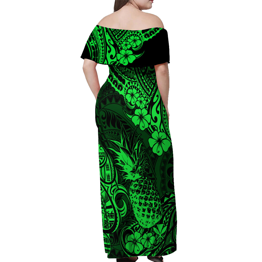 Hawaii Pineapple Off Shoulder Maxi Dress Paradise Flowers Pacific With Green Polynesian Tribal LT01 - Polynesian Pride