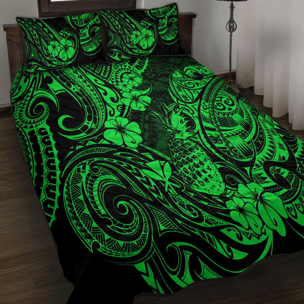 Hawaii Pineapple Quilt Bed Set Paradise Flowers Pacific With Green Polynesian Tribal LT01 - Polynesian Pride