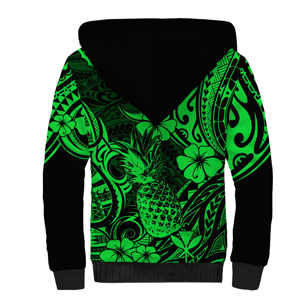 Hawaii Pineapple Sherpa Hoodie Paradise Flowers Pacific With Green Polynesian Tribal LT01 - Polynesian Pride