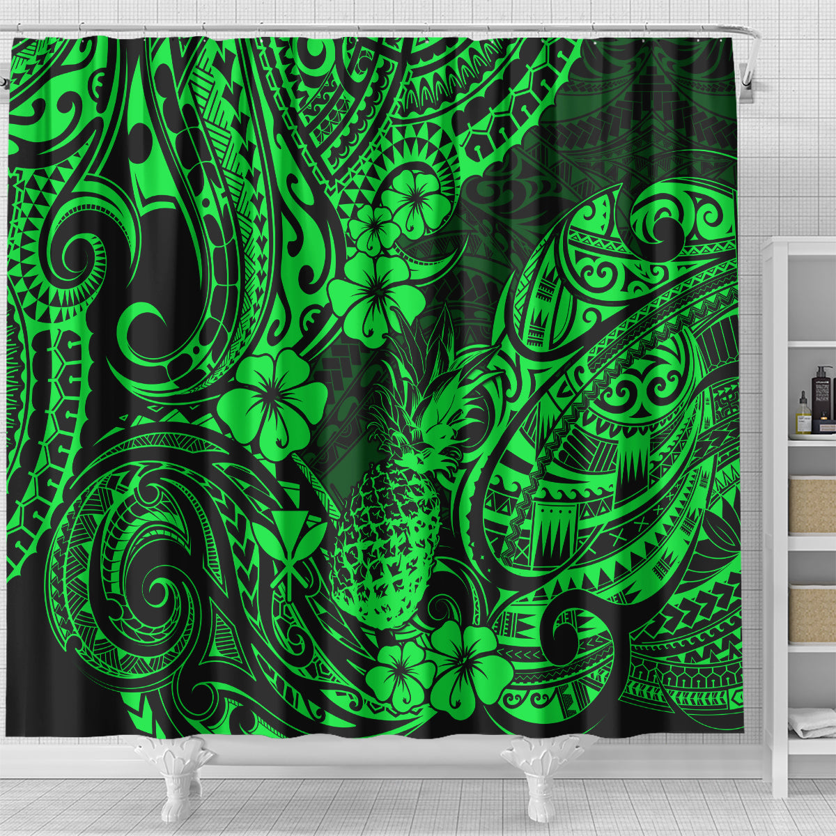 Hawaii Pineapple Shower Curtain Paradise Flowers Pacific With Green Polynesian Tribal LT01 - Polynesian Pride