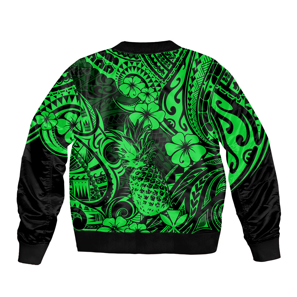 Hawaii Pineapple Sleeve Zip Bomber Jacket Paradise Flowers Pacific With Green Polynesian Tribal LT01 - Polynesian Pride