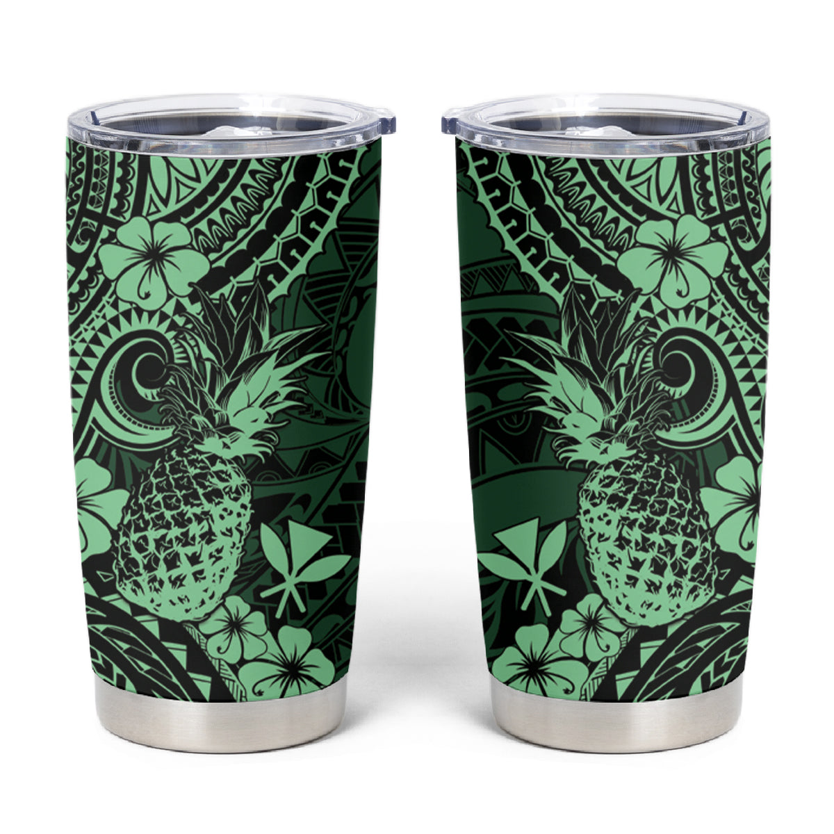 Hawaii Pineapple Tumbler Cup Paradise Flowers Pacific With Green Polynesian Tribal