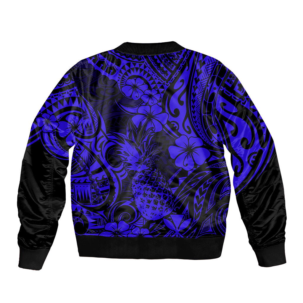 Hawaii Pineapple Bomber Jacket Paradise Flowers Pacific With Navy Blue Polynesian Tribal LT01 - Polynesian Pride