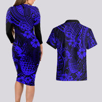 Hawaii Pineapple Couples Matching Long Sleeve Bodycon Dress and Hawaiian Shirt Paradise Flowers Pacific With Navy Blue Polynesian Tribal LT01 - Polynesian Pride