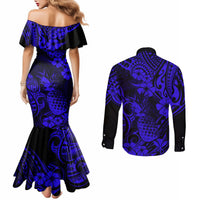 Hawaii Pineapple Couples Matching Mermaid Dress and Long Sleeve Button Shirts Paradise Flowers Pacific With Navy Blue Polynesian Tribal LT01 - Polynesian Pride