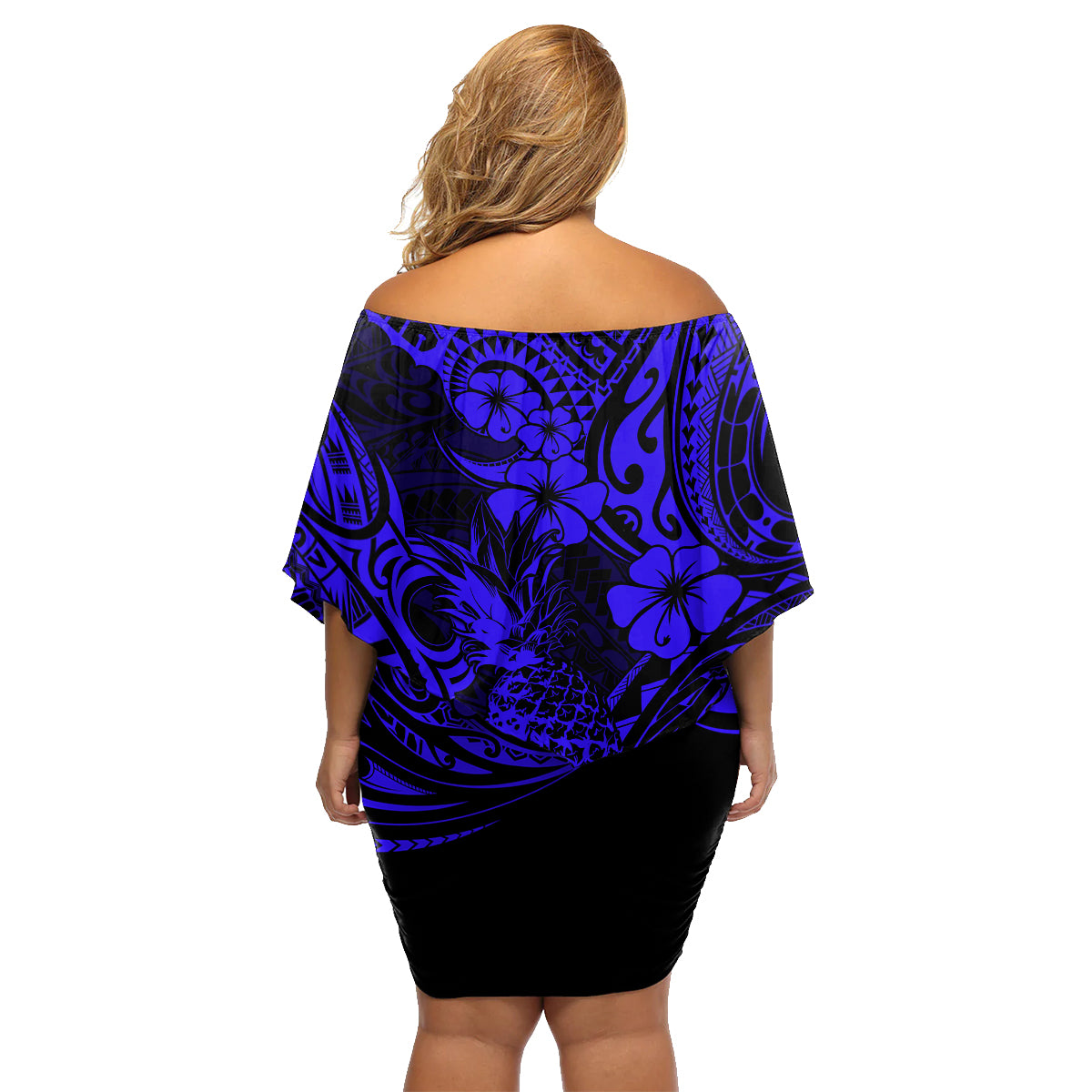Hawaii Pineapple Family Matching Off Shoulder Short Dress and Hawaiian Shirt Paradise Flowers Pacific With Navy Blue Polynesian Tribal LT01 - Polynesian Pride