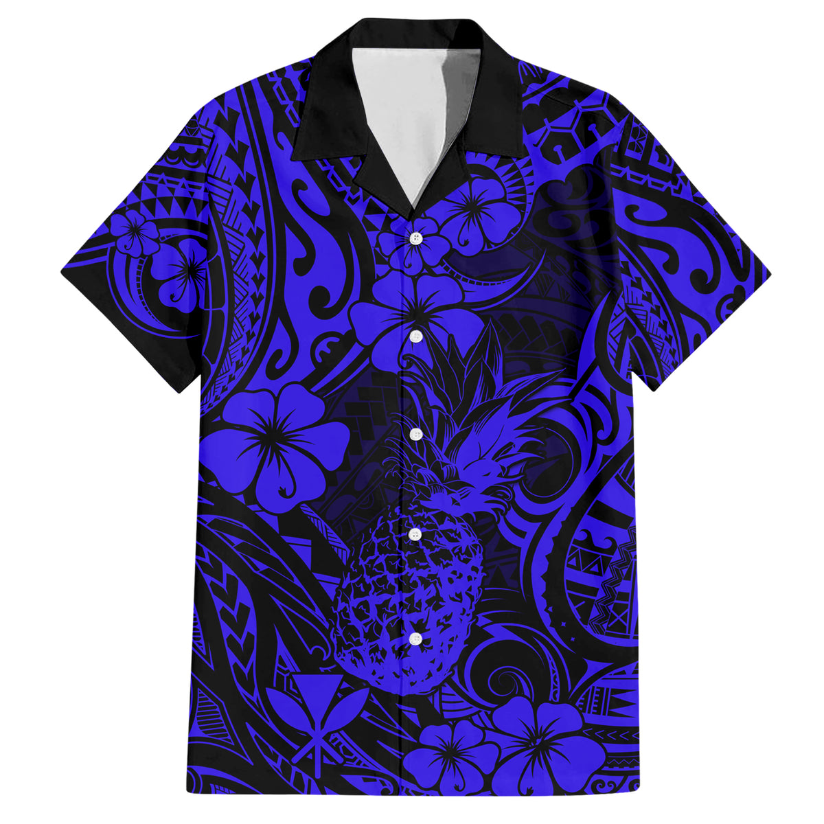 Hawaii Pineapple Family Matching Short Sleeve Bodycon Dress and Hawaiian Shirt Paradise Flowers Pacific With Navy Blue Polynesian Tribal LT01 Dad's Shirt - Short Sleeve Blue - Polynesian Pride