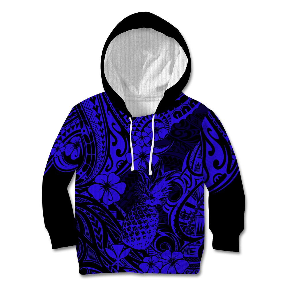 Hawaii Pineapple Kid Hoodie Paradise Flowers Pacific With Navy Blue Polynesian Tribal LT01 Blue - Polynesian Pride