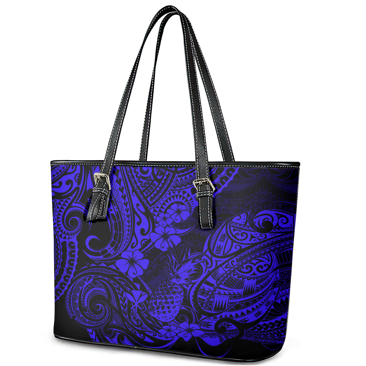 Hawaii Pineapple Leather Tote Bag Paradise Flowers Pacific With Navy Blue Polynesian Tribal LT01 - Polynesian Pride