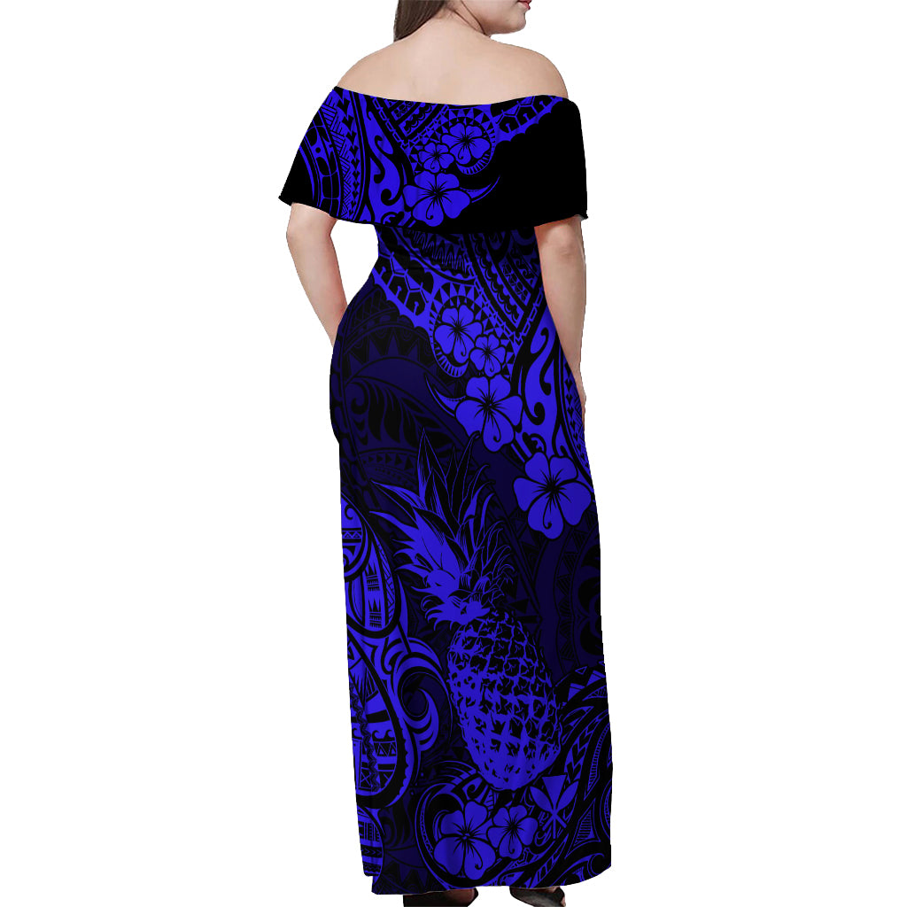 Hawaii Pineapple Off Shoulder Maxi Dress Paradise Flowers Pacific With Navy Blue Polynesian Tribal LT01 - Polynesian Pride