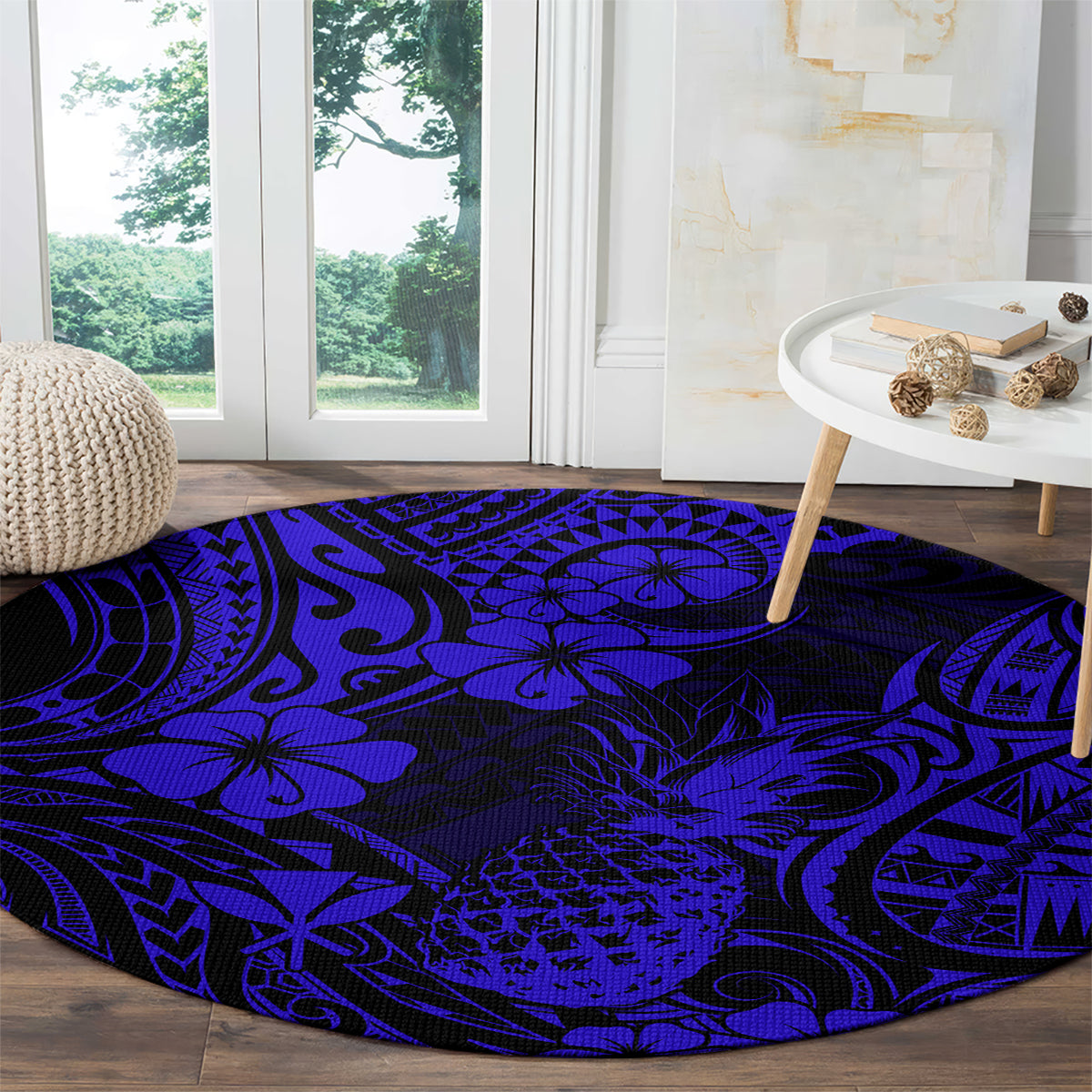 Hawaii Pineapple Round Carpet Paradise Flowers Pacific With Navy Blue Polynesian Tribal LT01 - Polynesian Pride
