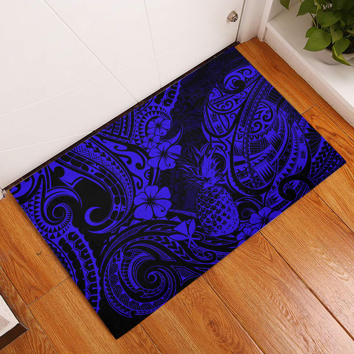 Hawaii Pineapple Rubber Doormat Paradise Flowers Pacific With Navy Blue Polynesian Tribal LT01 Blue - Polynesian Pride