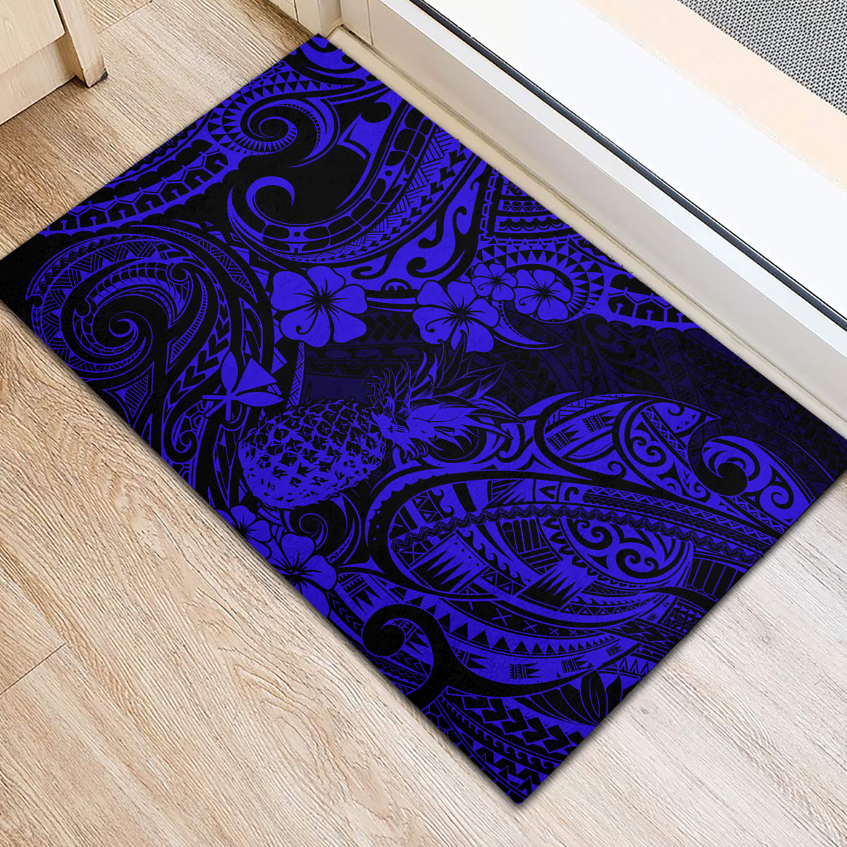Hawaii Pineapple Rubber Doormat Paradise Flowers Pacific With Navy Blue Polynesian Tribal LT01 - Polynesian Pride