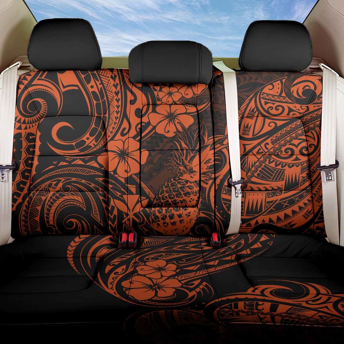 Hawaii Pineapple Back Car Seat Cover Paradise Flowers Pacific With Orange Polynesian Tribal