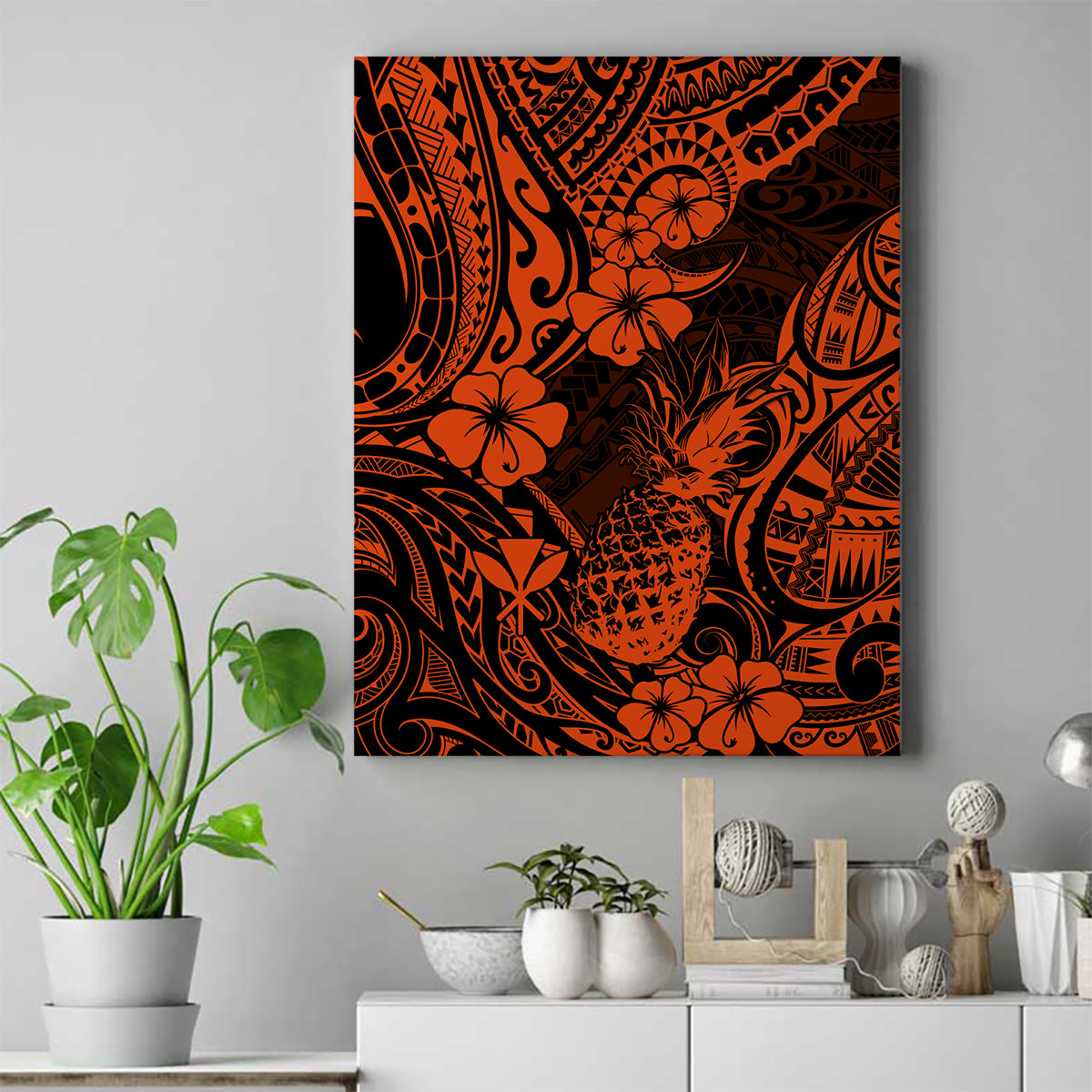 Hawaii Pineapple Canvas Wall Art Paradise Flowers Pacific With Orange Polynesian Tribal LT01 Orange - Polynesian Pride