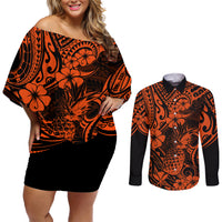 Hawaii Pineapple Couples Matching Off Shoulder Short Dress and Long Sleeve Button Shirts Paradise Flowers Pacific With Orange Polynesian Tribal LT01 Orange - Polynesian Pride
