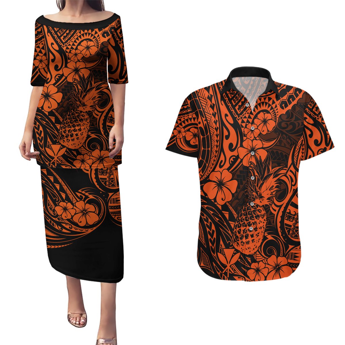 Hawaii Pineapple Couples Matching Puletasi Dress and Hawaiian Shirt Paradise Flowers Pacific With Orange Polynesian Tribal LT01 Orange - Polynesian Pride