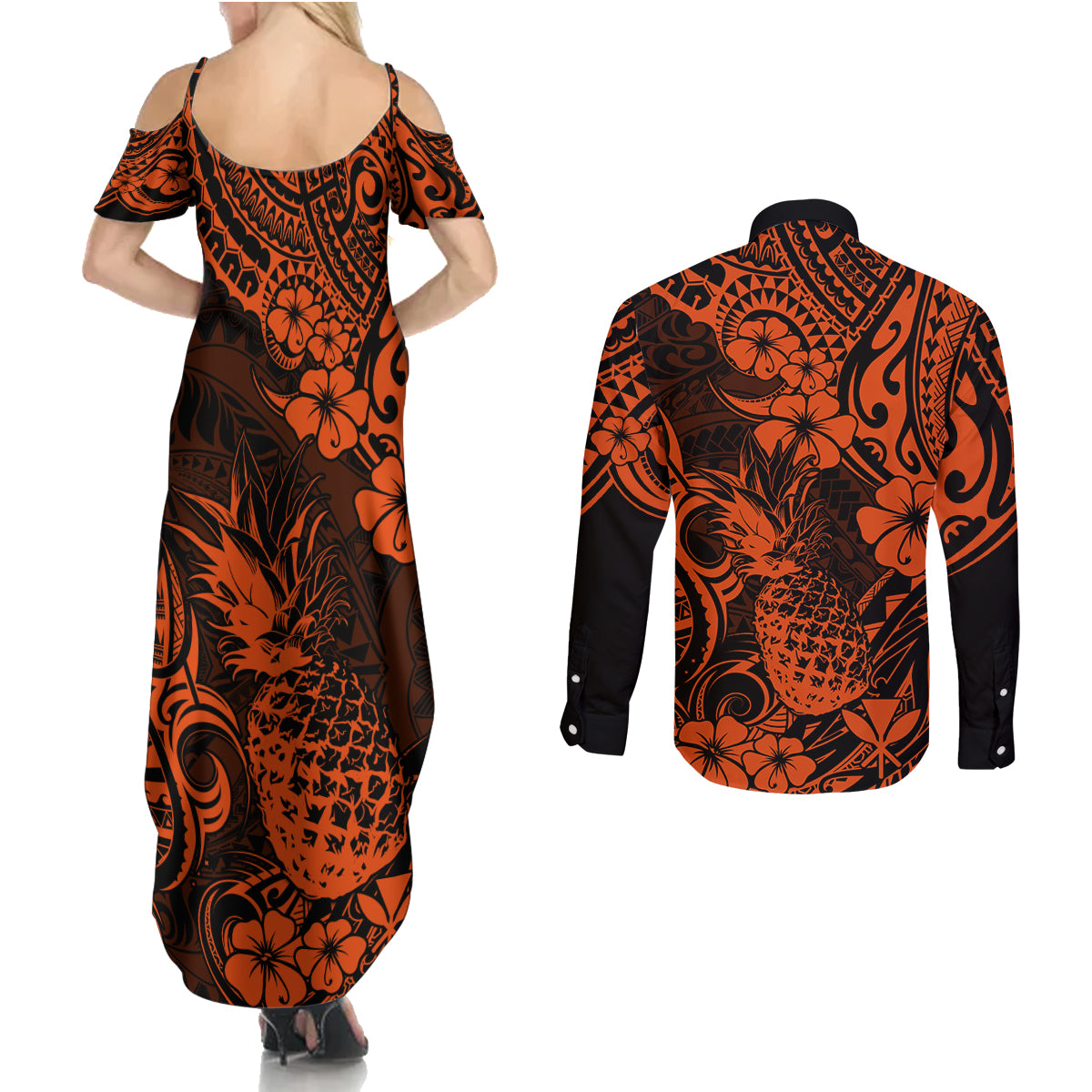 Hawaii Pineapple Couples Matching Summer Maxi Dress and Long Sleeve Button Shirts Paradise Flowers Pacific With Orange Polynesian Tribal LT01 - Polynesian Pride
